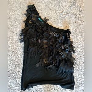 Alice + Olivia Black Fringe One-Shoulder Blouse